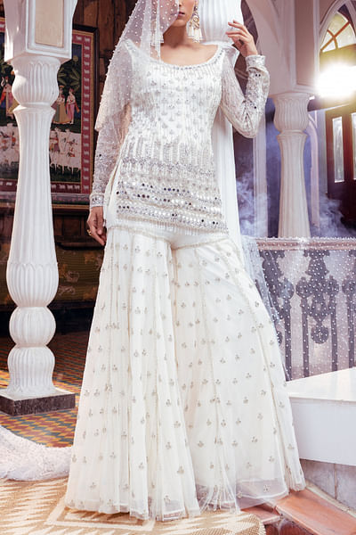 Ecru white floral embroidery kurta set