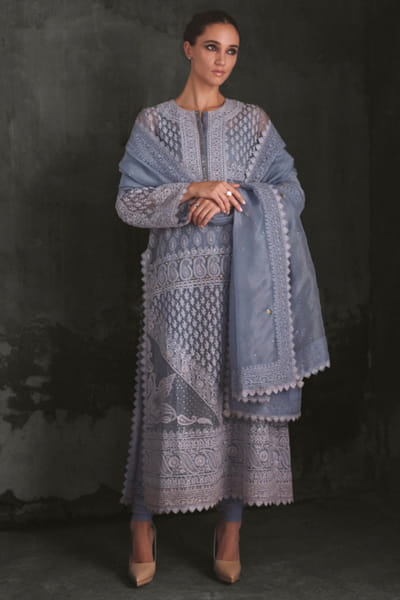 Lavender blue chikankari organza kurta set