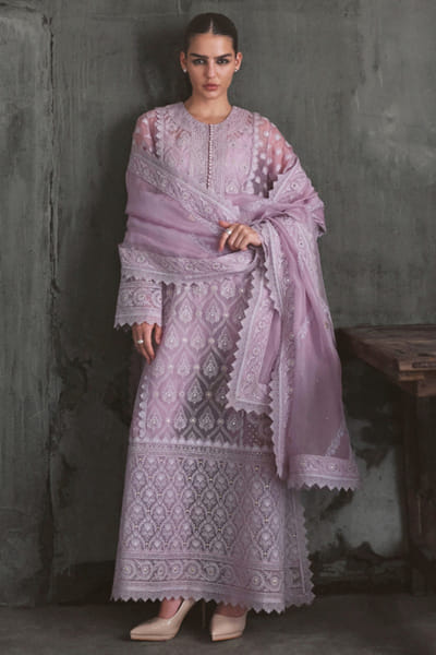 Lavender pink chikankari organza kurta set