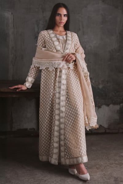 Sand paisley embroidered jacket kurta set