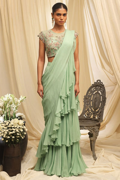 Sea green pre-draped ruffle sari set