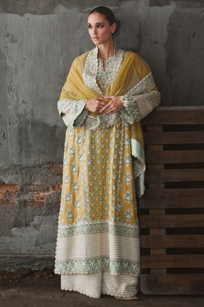 Mustard honeycomb embroidered kurta set
