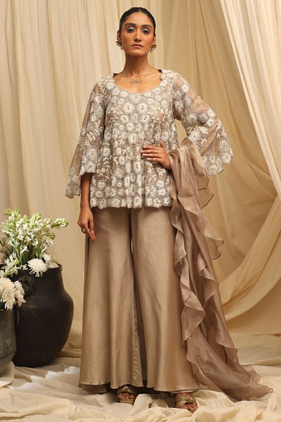 Beige embroidered palazzo set