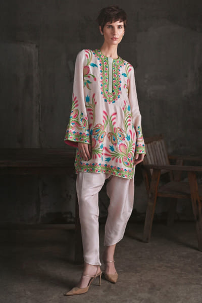 Powder pink embroidered silk tunic set