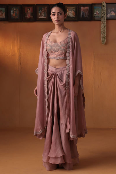 Rose pink embroidered cape set
