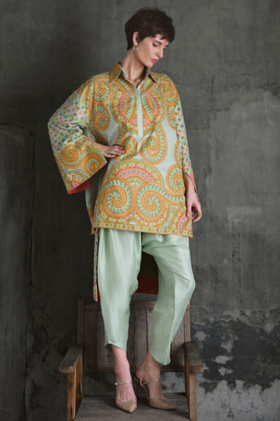 Mint green high-low embroidered kurta Set