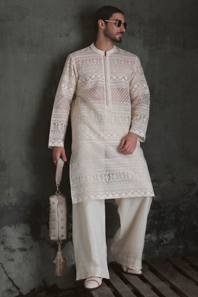 Ivory thread embroidered kurta set