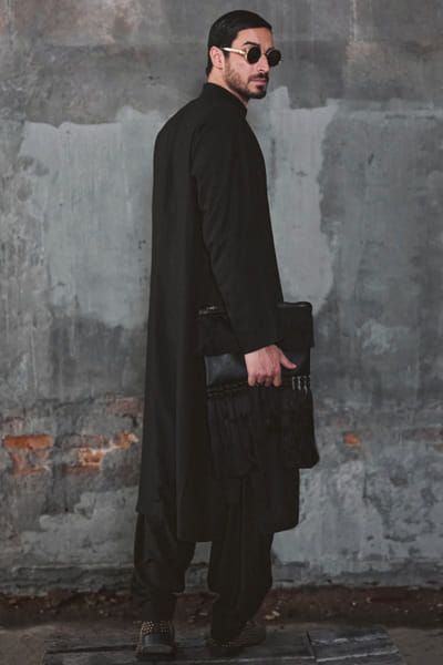 Iqbal Hussain Black front-open achkan set IQBFEB26D238208