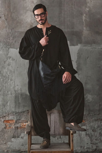 Black oversized linen kurta set