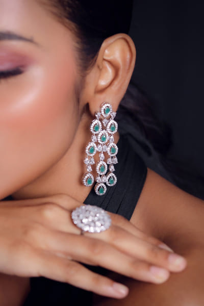 Zaza by Somya Green stone and zircon dangler earrings ZAZAJUN26D147762
