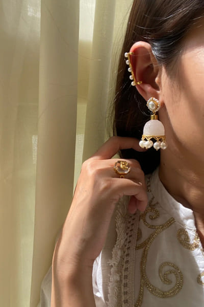 Gold rose quartz and pearl jhumki earrings