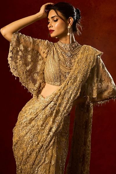 Gold floral embroidery lace sari set