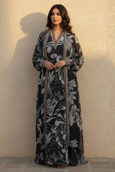 Black and white printed embellished dress