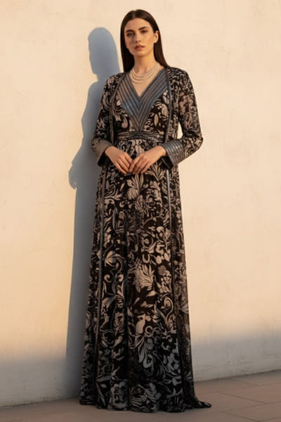 Black and white printed embroidered dress