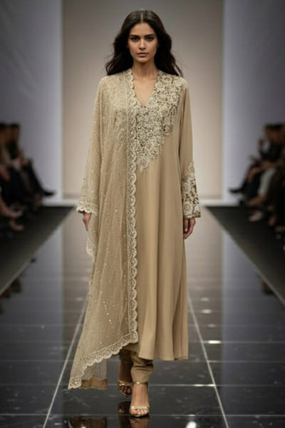 Off-white baroque embroidered anarkali set