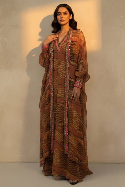 Rust printed hand embellished dress