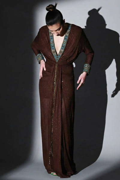 Brown embroidered draped dress