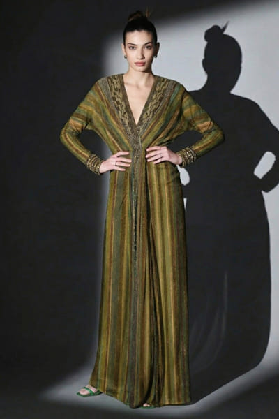 Green striped draped embroidered dress