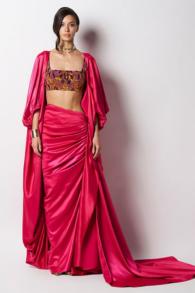 Fuchsia satin draped skirt
