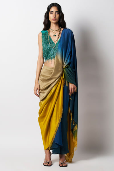 431-88 by Shweta Kapur Ombre yellow bead embellished pre-draped sari 431JUN25D130008