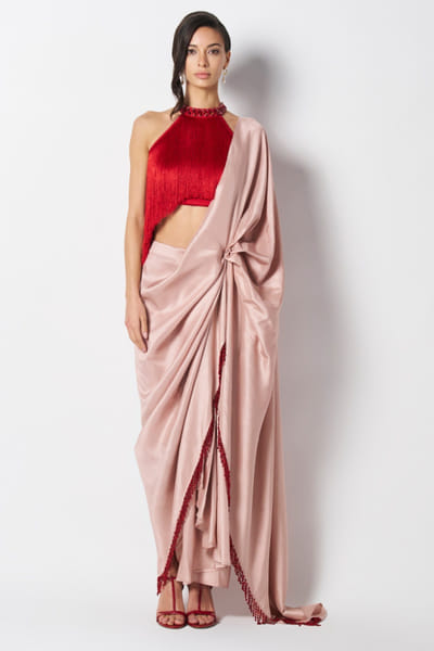 Baby pink bead embellished pre-draped sari