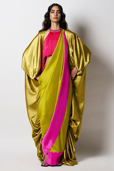 Green and fuchsia beaded pre-draped sari
