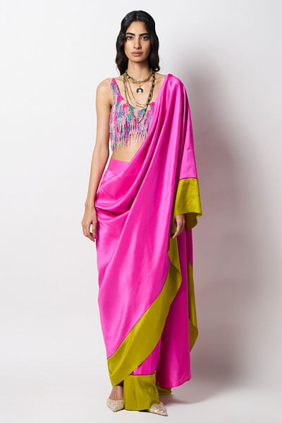 Fuchsia and green colour blocked sari
