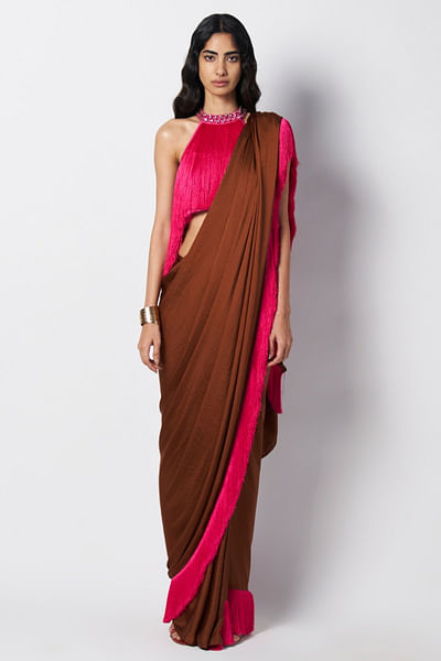 Chocolate brown fringe pre-draped sari