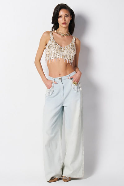 Champagne bead embroidered blouse