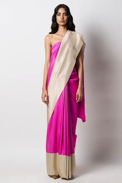 Fuchsia and champagne colour blocked sari