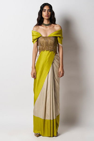 Green and champagne colour blocked sari