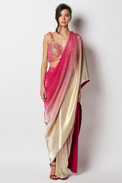 Cranberry and gold ombre pre-drape sari