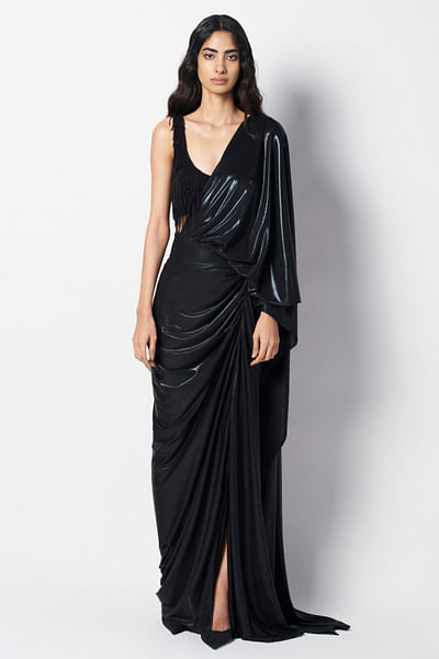 Black embellished pre-draped sari