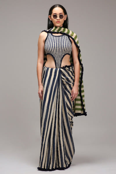 Off white striped sari set