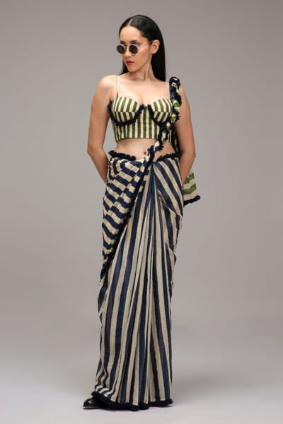 Off white stripe printed corset sari set