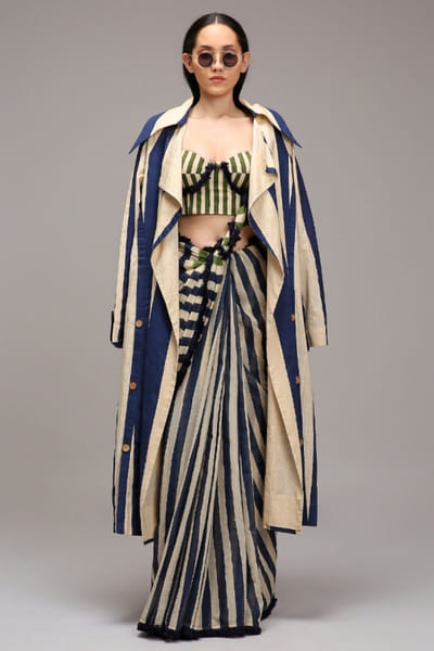 Off white and blue printed sari set