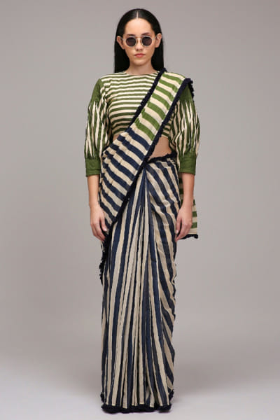 Multicolour stripe printed sari Set
