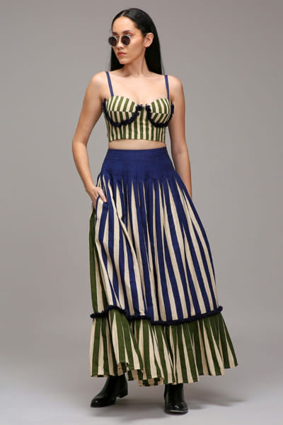 Mati Off white stripe printed corset skirt set MATMAR26D240361