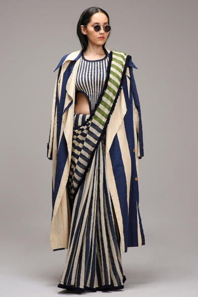 Off white stripe printed sari set