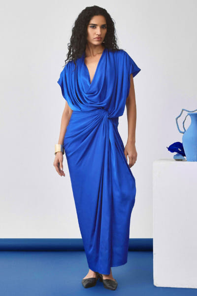 EchoStudio Blue draped satin dress ECHOMAY26D145339