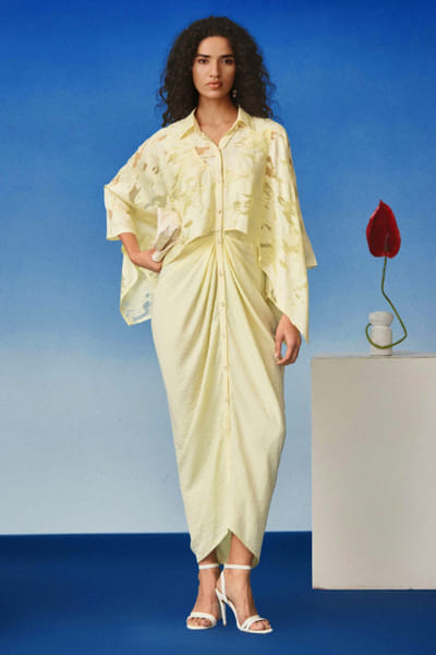 EchoStudio Lime yellow collared drape dress ECHOMAY26D145342