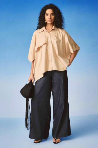 EchoStudio Beige asymmetric cotton satin top ECHOMAY26D145345