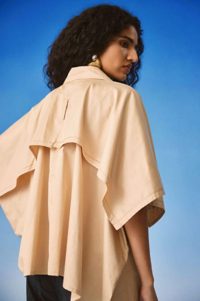 EchoStudio Beige asymmetric cotton satin top ECHOMAY26D145345