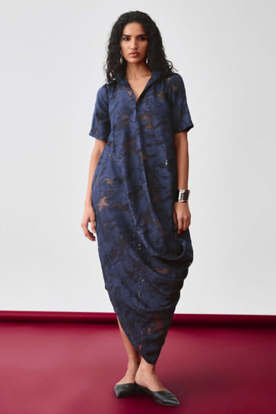 EchoStudio Navy blue textured drape dress ECHOMAY26D145350