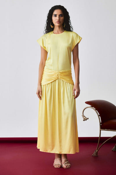 EchoStudio Yellow satin gathered maxi dress ECHOMAY26D145352