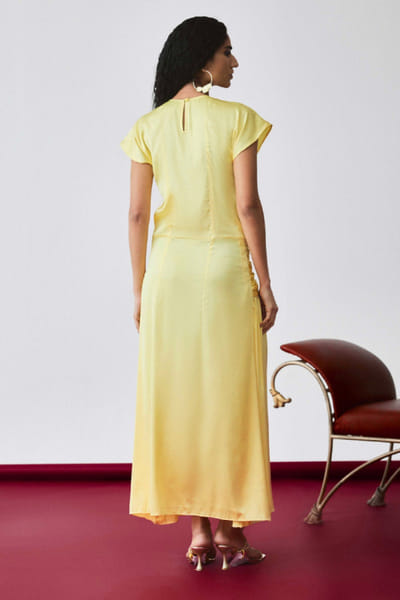 EchoStudio Yellow satin gathered maxi dress ECHOMAY26D145352