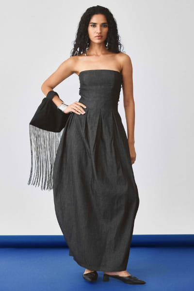 EchoStudio Black strapless denim dress ECHOMAY26D145357