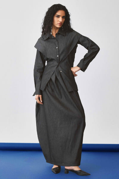 EchoStudio Black button-down denim top ECHOMAY26D145358