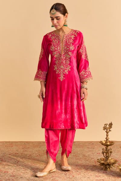 Hot pink embroidered choga-tulip pant set
