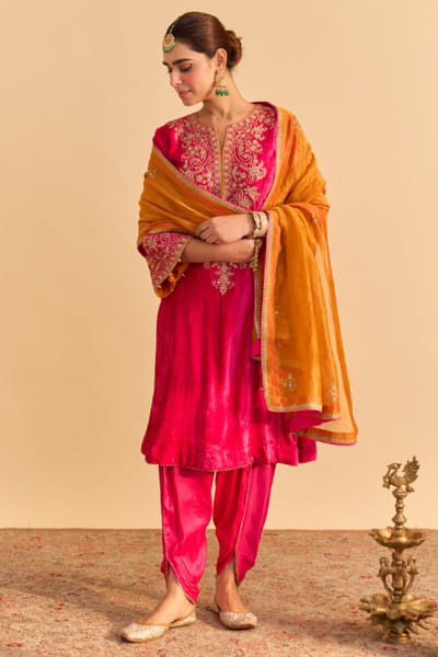 Hot pink embroidery choga-tulip pant set